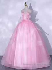 A-Line Pink Tulle Lace Long Semi Formal Prom Dresses, Pink Formal Dresses