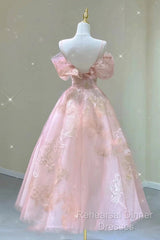 A Line Pink Tulle Lace Off The Shoulder Semi Formal Prom Dresses, Formal Evening Dress