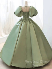 A-Line Princess Green Satin Puffy Sleeves Long Formal Dress Satin Semi Formal Prom Dress Party Dress