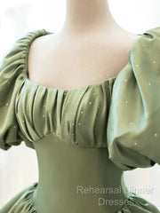 A-Line Princess Green Satin Puffy Sleeves Long Formal Dress Satin Semi Formal Prom Dress Party Dress