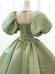 A-Line Princess Green Satin Puffy Sleeves Long Formal Dress Satin Semi Formal Prom Dress Party Dress