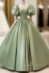 A-Line Princess Green Satin Puffy Sleeves Long Formal Dress Satin Semi Formal Prom Dress Party Dress