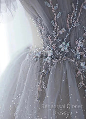A-Line Princess Grey Beaded Layers Glitter Tulle Long Formal Dress Off Shoulder Semi Formal Prom Dress