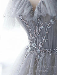 A-Line Princess Grey Beaded Layers Glitter Tulle Long Formal Dress Off Shoulder Semi Formal Prom Dress