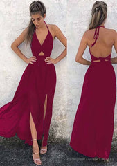 A-line/Princess Halter Sleeveless Ankle-Length Chiffon Prom Dresses With Split