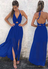 A-line/Princess Halter Sleeveless Ankle-Length Chiffon Prom Dresses With Split