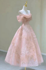 A-Line Princess Lovely Pink Tea Length Straps Tulle Formal Dress Semi Formal Prom Dress