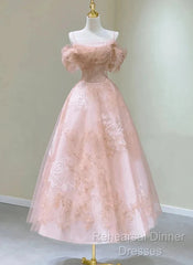 A-Line Princess Lovely Pink Tea Length Straps Tulle Formal Dress Semi Formal Prom Dress