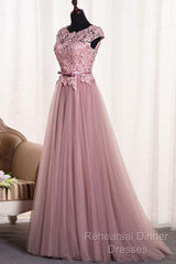 A-Line/Princess Sash Tulle Floor-Length Lace Semi Formal Prom Dresses