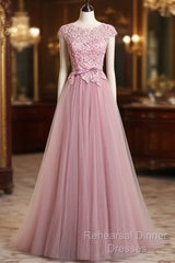 A-Line/Princess Sash Tulle Floor-Length Lace Semi Formal Prom Dresses