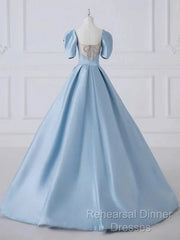 A-Line Princess Satin Blue Long Semi Formal Prom Dress Quinceanera Dress Elegant Evening Dress