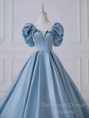 A-Line Princess Satin Blue Long Semi Formal Prom Dress Quinceanera Dress Elegant Evening Dress