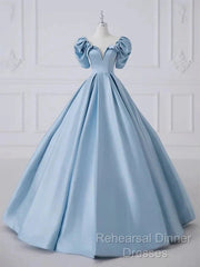 A-Line Princess Satin Blue Long Semi Formal Prom Dress Quinceanera Dress Elegant Evening Dress