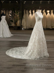 A-Line/Princess Scoop Sleeveless Tulle Applique Covered Button Court Train Wedding Dresses