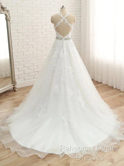 A-Line/Princess Spaghetti Straps Sleeveless Applique With Belt Tulle Floor-Length Wedding Dresses