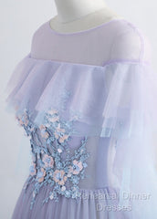 A-Line/Princess Tulle Jewel Floor-Length Semi Formal Prom Dress With Beaded Lace Appliques