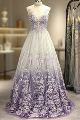 A-Line/Princess V-Neck Tulle Applique Sleeveless Floor-Length Semi Formal Prom Dresses