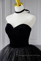 A-Line Semi Formal Prom Dresses Black Dress Dress Formal Birthday Floor Length Sleeveless Strapless Tulle With Ruched Sequin