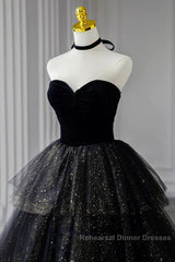 A-Line Semi Formal Prom Dresses Black Dress Dress Formal Birthday Floor Length Sleeveless Strapless Tulle With Ruched Sequin