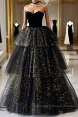 A-Line Semi Formal Prom Dresses Black Dress Dress Formal Birthday Floor Length Sleeveless Strapless Tulle With Ruched Sequin