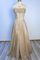 A-Line Semi Formal Prom Dresses Corsets Dress Wedding Party Sweep / Brush Train Sleeveless Spaghetti Strap Tulle With Glitter Pleats