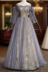 A-Line Semi Formal Prom Dresses Dress Wedding Floor Length Strap Tulle With Sequin Embroidery