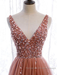 A-Line Semi Formal Prom Dresses Elegant Dress Party Wear Court Train Sleeveless V Neck Polyester With Pearls Embroidery