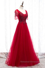 A-Line Semi Formal Prom Dresses Luxurious Dress Wedding Guest Formal Evening Floor Length Short Sleeve Spaghetti Strap Tulle