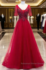 A-Line Semi Formal Prom Dresses Luxurious Dress Wedding Guest Formal Evening Floor Length Short Sleeve Spaghetti Strap Tulle