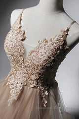 A-Line Semi Formal Prom Dresses Open Back Dress Formal Wedding Party Floor Length Sleeveless Spaghetti Strap Lace With Ruffles Appliques