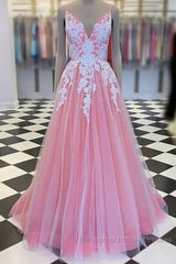 A-Line Semi Formal Prom Dresses Princess Dress Formal Floor Length Sleeveless V Neck Tulle With Pleats Appliques
