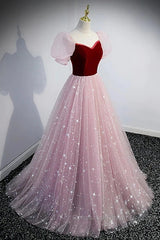 A-Line Semi Formal Prom Dresses Princess Dress Semi Formal Prom Floor Length Short Sleeve Sweetheart Tulle With Sequin