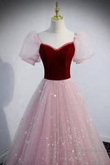 A-Line Semi Formal Prom Dresses Princess Dress Semi Formal Prom Floor Length Short Sleeve Sweetheart Tulle With Sequin