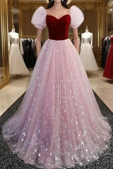 A-Line Semi Formal Prom Dresses Princess Dress Semi Formal Prom Floor Length Short Sleeve Sweetheart Tulle With Sequin