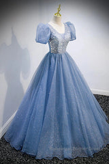 A-Line Semi Formal Prom Dresses Puffy Dress Quinceanera Floor Length Short Sleeve V Neck Tulle With Sequin