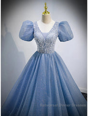 A-Line Semi Formal Prom Dresses Puffy Dress Quinceanera Floor Length Short Sleeve V Neck Tulle With Sequin