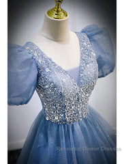 A-Line Semi Formal Prom Dresses Puffy Dress Quinceanera Floor Length Short Sleeve V Neck Tulle With Sequin