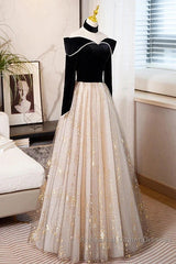 A-Line Semi Formal Prom Dresses Sparkle & Shine Dress Engagement Floor Length Long Sleeve Sweetheart Tulle With Sequin