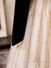 A-Line Semi Formal Prom Dresses Sparkle & Shine Dress Engagement Floor Length Long Sleeve Sweetheart Tulle With Sequin