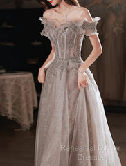 A-Line Semi Formal Prom Dresses Sparkle & Shine Dress Wedding Guest Semi Formal Prom Floor Length Short Sleeve Off Shoulder Polyester With Sequin Ruffles