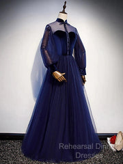 A-Line Semi Formal Prom Dresses Vintage Dress Party Wear Floor Length Long Sleeve Stand Collar Tulle With Bow(S) Strappy