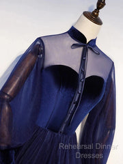 A-Line Semi Formal Prom Dresses Vintage Dress Party Wear Floor Length Long Sleeve Stand Collar Tulle With Bow(S) Strappy