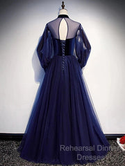A-Line Semi Formal Prom Dresses Vintage Dress Party Wear Floor Length Long Sleeve Stand Collar Tulle With Bow(S) Strappy