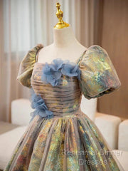 A-Line Puff Sleeves Gold Long Semi Formal Prom Dress Quinceanera Dress With Flower Elegant