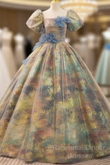 A-Line Puff Sleeves Gold Long Semi Formal Prom Dress Quinceanera Dress With Flower Elegant