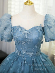A-Line Puff Sleeves Lace Gray Blue Long Semi Formal Prom Dress, Gray Blue Formal Dress