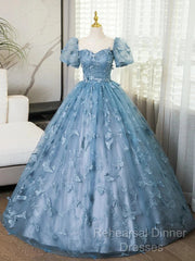 A-Line Puff Sleeves Lace Gray Blue Long Semi Formal Prom Dress, Gray Blue Formal Dress