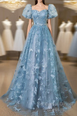 A-Line Puff Sleeves Lace Gray Blue Long Semi Formal Prom Dress, Gray Blue Formal Dress