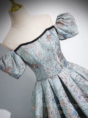 A-Line Puff Sleeves Satin Gray Blue Long Semi Formal Prom Dress, Gray Blue Long Evening Dress