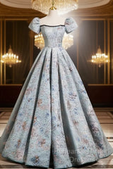 A-Line Puff Sleeves Satin Gray Blue Long Semi Formal Prom Dress, Gray Blue Long Evening Dress